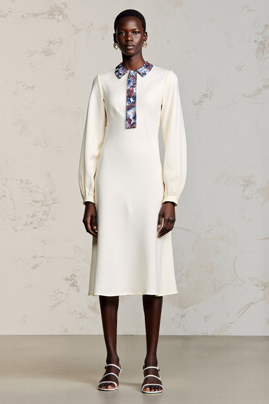 Robe de soirée midi ligne A ivoire à manches longues