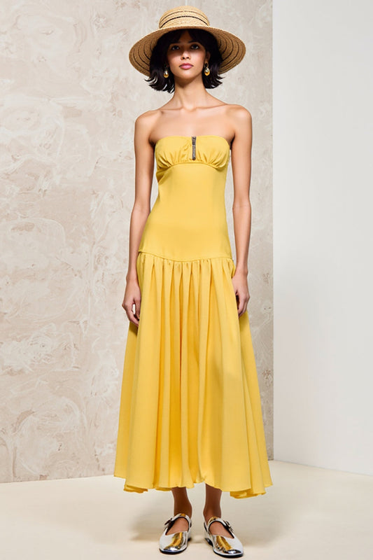 Robe de mariée bustier jaune froncée trapèze pour invitée