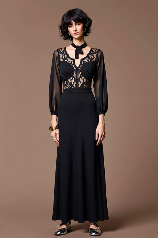 Robe de Soirée Noire en Dentelle Coupe A