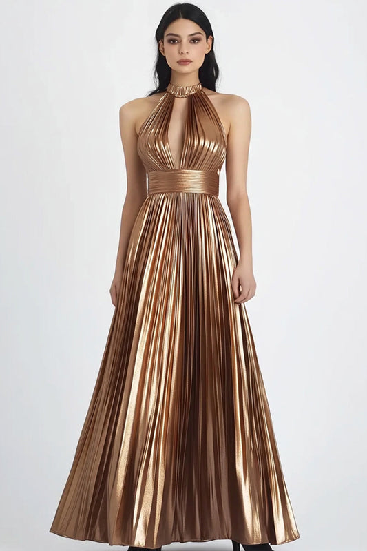 Gold Metallic Satin A-Line Pleated Halter Evening Dress