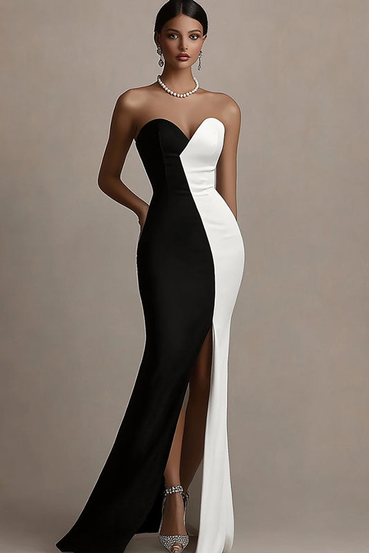 Robe de soirée longue fourreau bustier satinée noire et blanche avec fente