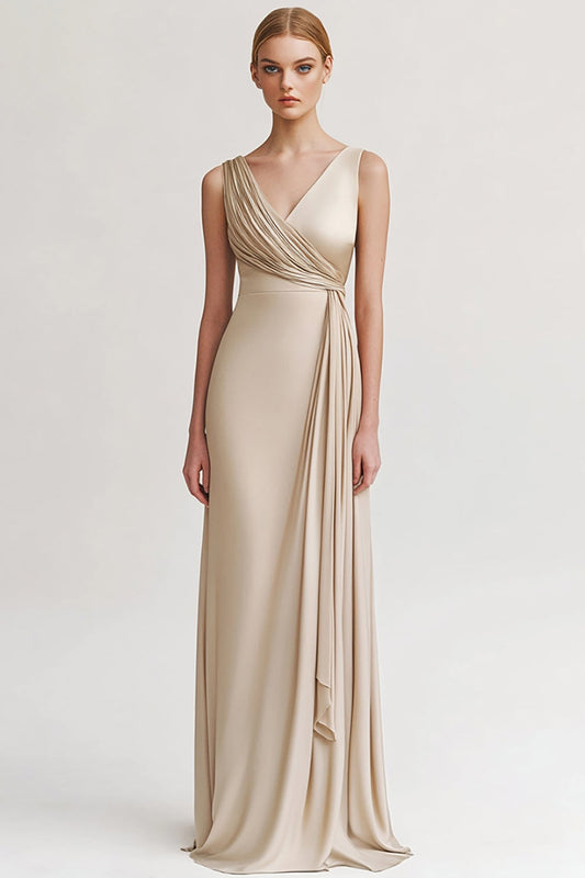 Robe de soirée fourreau froncée col V couleur champagne