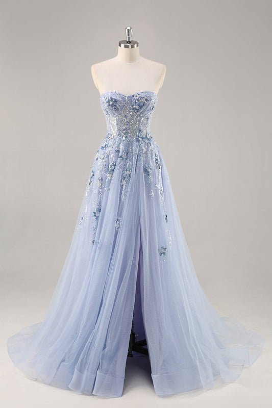 Robe de bal longue bustier bleue ligne A en tulle à sequins avec corset et fente