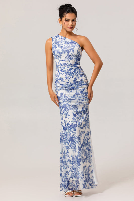 Robe longue de demoiselle d'honneur fendue à imprimé floral blanc et bleu, asymétrique sur une épaule