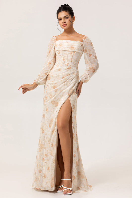 Robe longue de demoiselle d'honneur jaune fourreau à fleurs avec corset et manches longues