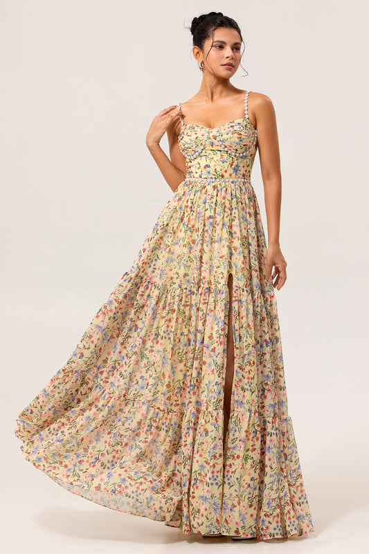 Robe longue de demoiselle d'honneur trapèze jaune à fleurs avec perles et fente
