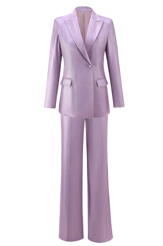 Costume deux pièces violet pour femme à revers de pointe et un bouton