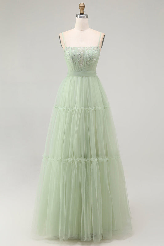 Robe longue de bal de promo en tulle perlé ligne A vert avec corset et dos lacé