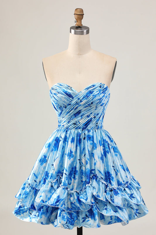 Robe de cocktail courte drapée bleu fleuri bustier ligne A