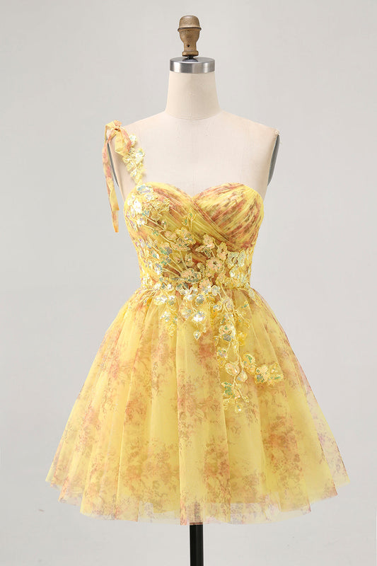 Robe de bal courte trapèze asymétrique à paillettes imprimées jaune