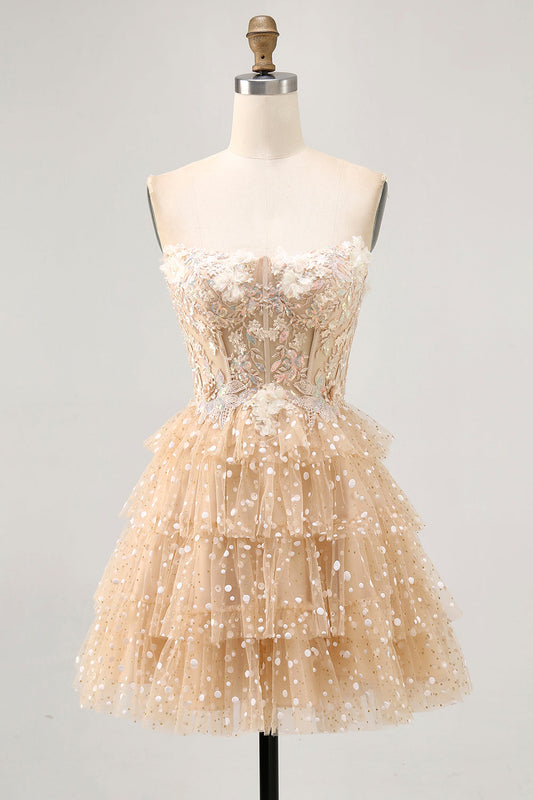 Robe de cocktail bustier ligne A en champagne avec appliqués en cascade