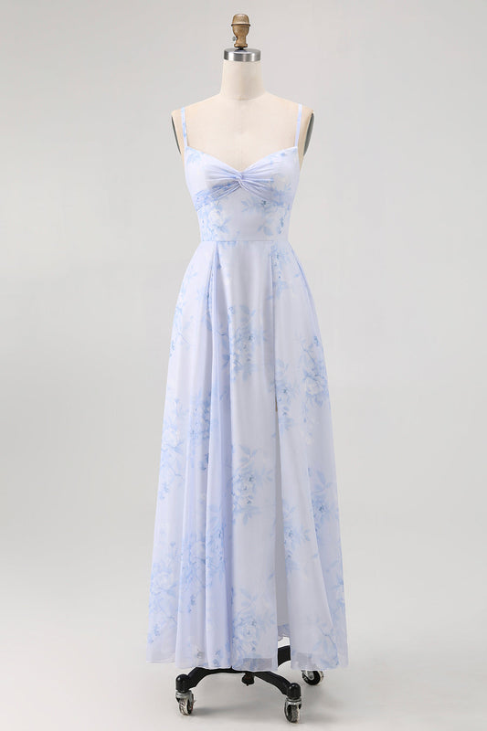 Blue Floral Spaghetti Straps Chiffon A-Line Bridesmaid Dress