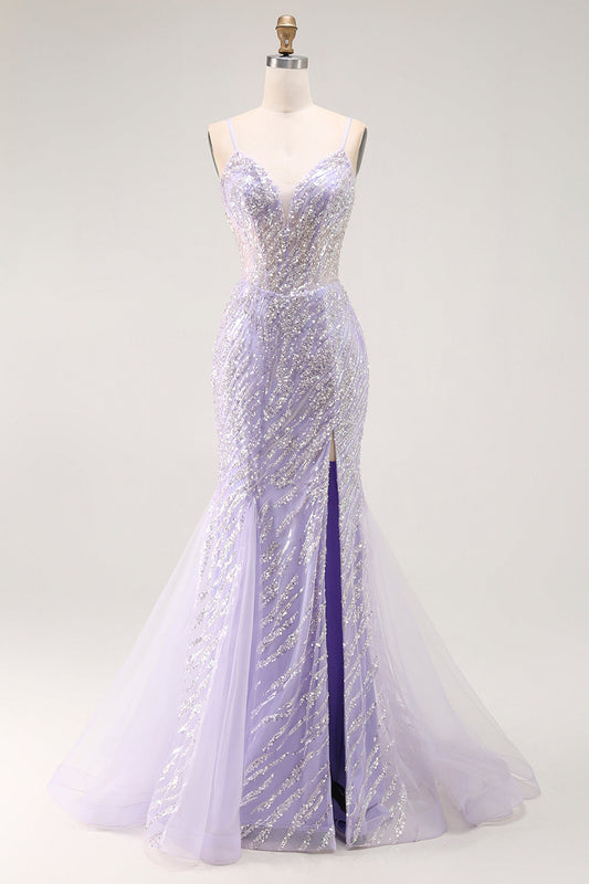 Robe de bal longue violette à paillettes sirène avec fente