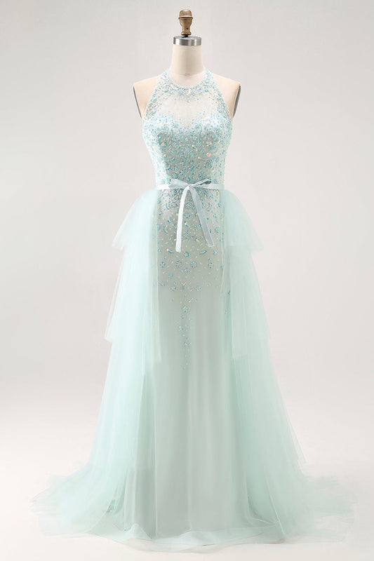 Robe de bal longue scintillante vert clair coupe trapèze avec corset à paillettes et perles