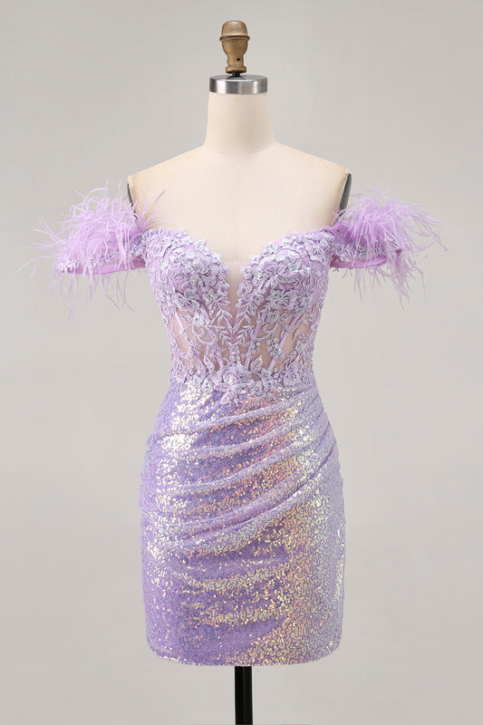 Robe de bal courte à corset lilas pailleté et épaules dénudées