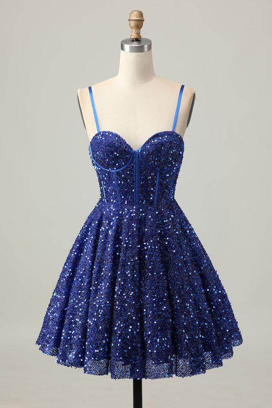 Robe de cocktail corset étincelante bleu foncé en ligne A à sequins