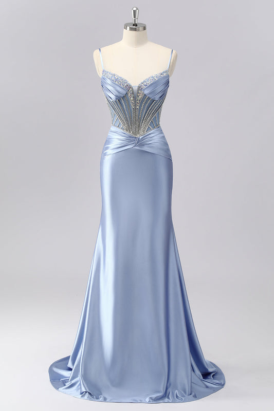 Vestido de fiesta de sirena de satén azul gris brillante con tirantes finos y diamantes de imitación