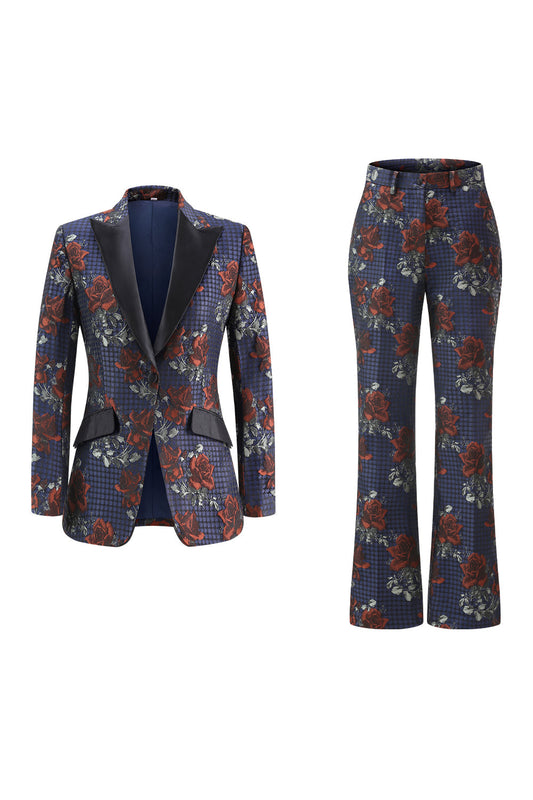 Tailleur Femme Floral Bleu et Rouge à Bouton Unique et Revers Crantés