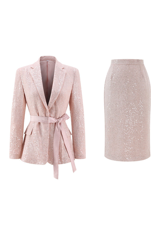 Ensemble de costume de bal midi rose à sequins avec revers crantés, 2 pièces