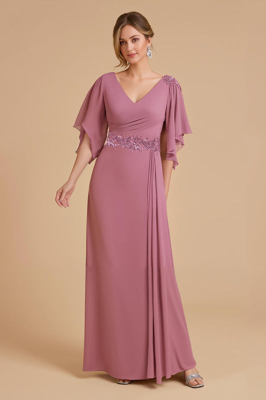 Robe de demoiselle d'honneur trapèze en mousseline rose poudré à manches flottantes et appliqués