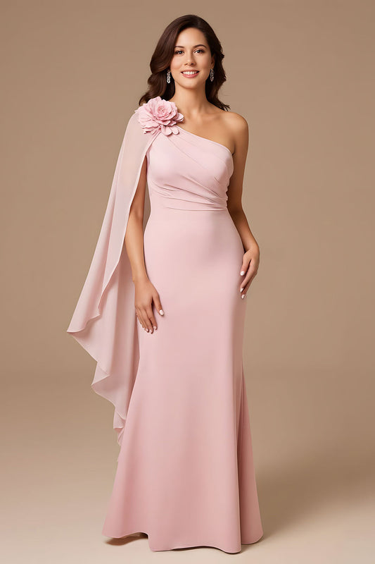 Robe de Demoiselle d'honneur en Mousseline Rose Bonbon à Une Épaule avec Ruban