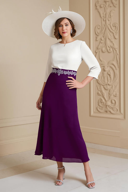 Robe mi-longue évasée à encolure bateau et manches 3/4 couleur raisin pour invitée de mariage