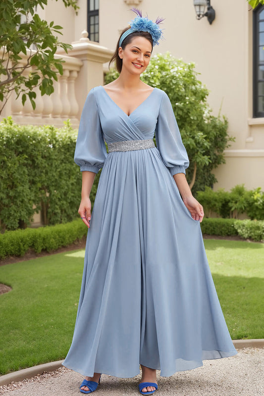 Dusty Blue A-Line 3/4 Sleeve Chiffon Wedding Guest Dress with Beading