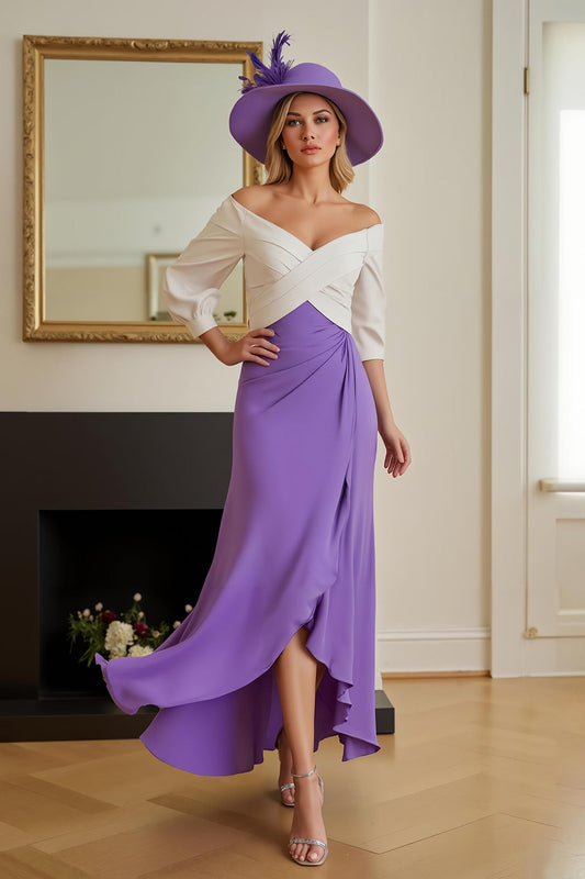Robe de Soirée De Mariage Asymétrique en Mousseline de Soie Violette Épaules Dénudées Coupe A-line