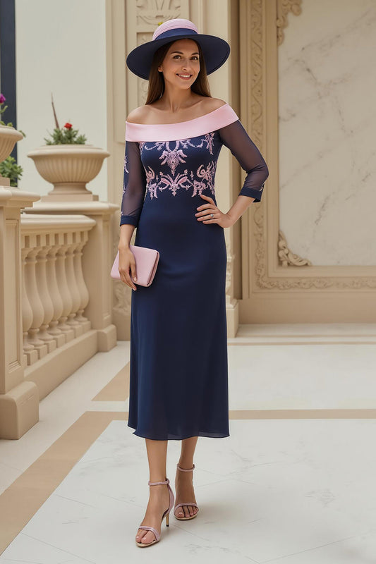 Off-the-Shoulder Chiffon Sheath Navy Wedding Guest Dress