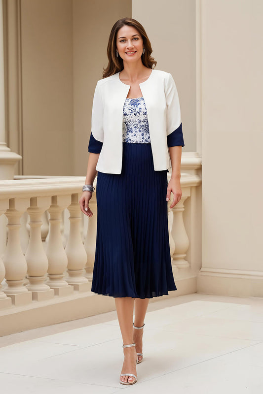 Robe de cocktail évasée en satin stretch 2 pièces bleu marine