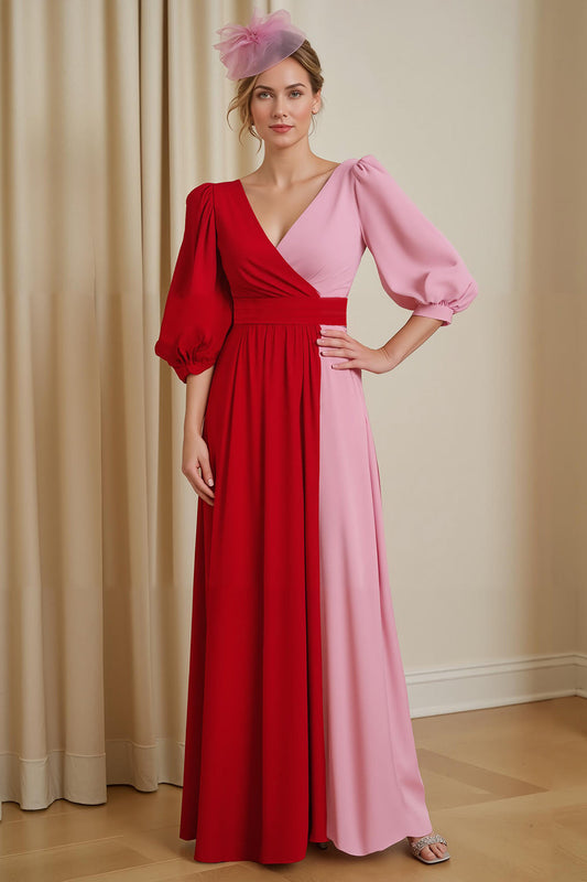 Robe de soirée col V en mousseline trapèze rouge