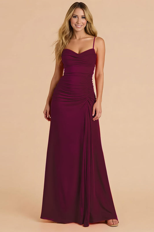 Burgundy Spaghetti Straps Ruched Sheath Long Bridesmaid Dress