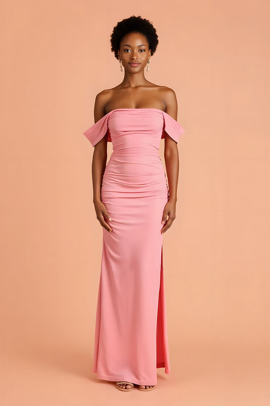 Robe de demoiselle d'honneur rose fourreau longue à épaules dénudées avec fente