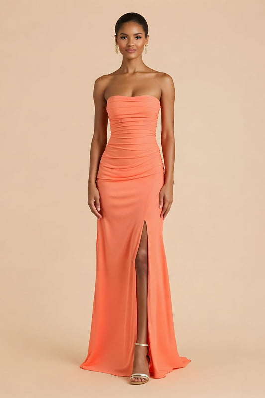 Robe de demoiselle d'honneur longue fourreau drapé orange bustier avec fente