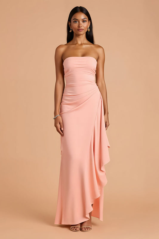 Robe longue fourreau bustier rose poudré avec fente et volants pour demoiselle d'honneur