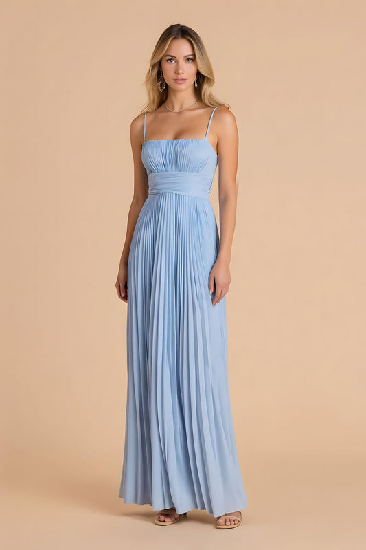 Light Blue Pleated A-Line Spaghetti Strap Long Bridesmaid Dress