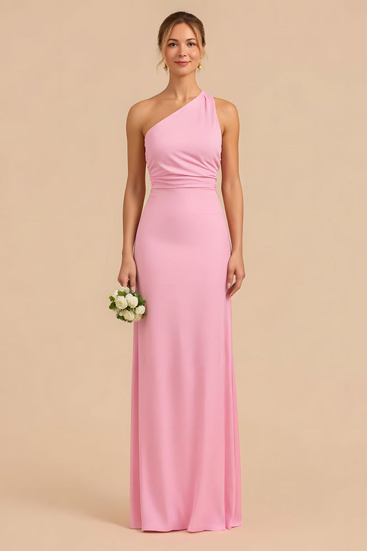Robe de demoiselle d'honneur longue fourreau asymétrique rose bonbon