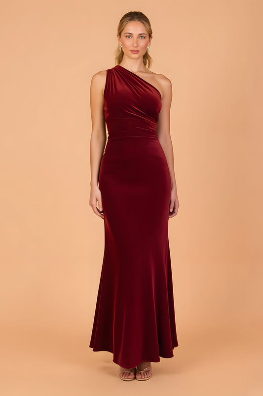 Robe de demoiselle d'honneur longue sirène asymétrique à épaule dénudée bordeaux