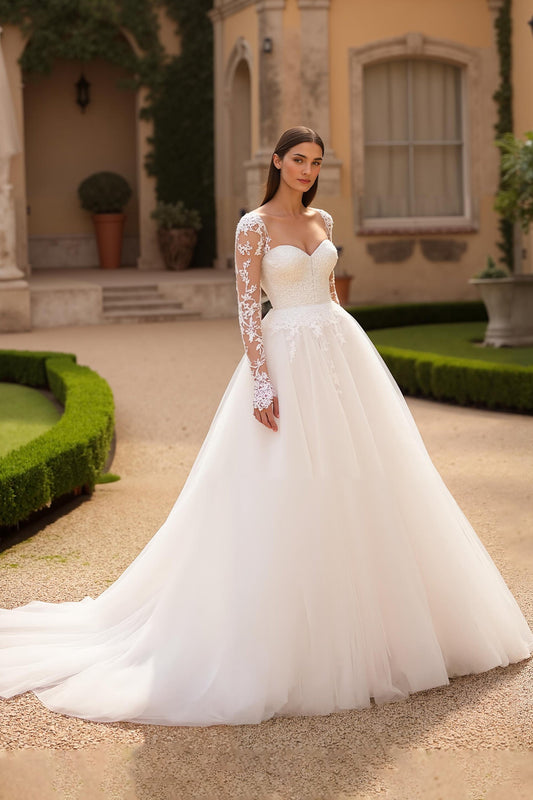 Ivory A Line Square Neck Long Sleeves Corset Court Train Wedding Dress With Lace Appliques