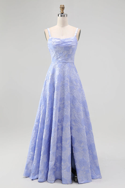 Vestido largo de dama de honor de jacquard floral con cuello desbocado, corte en A y abertura en color azul