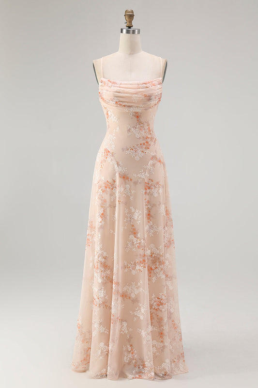 Robe longue de demoiselle d'honneur trapÚze à col bénitier, avec motif floral brûlé, couleur champagne
