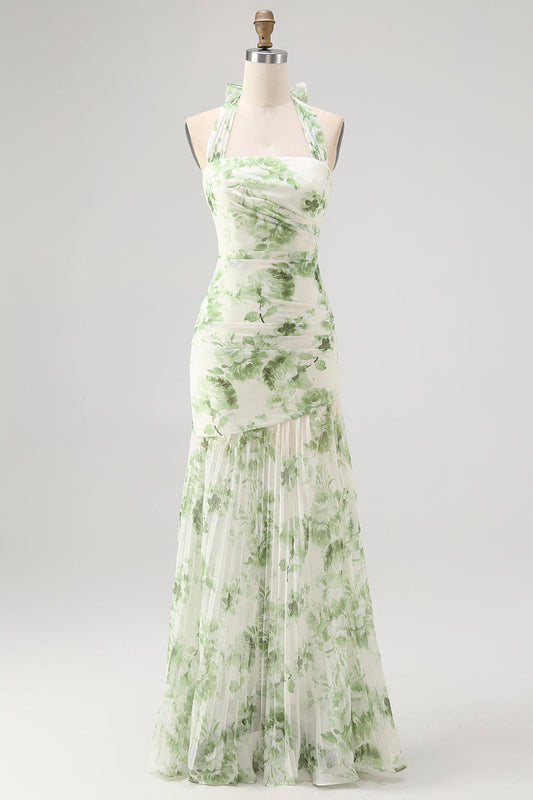 Robe longue de demoiselle d'honneur plissée trapèze à licou vert fleuri