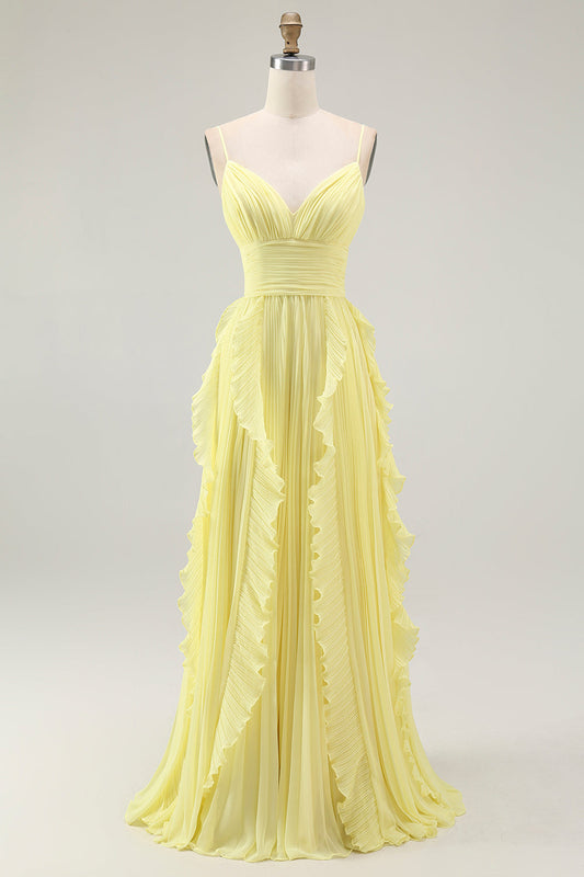 Robe de demoiselle d'honneur plissée en mousseline jaune, coupe trapèze, à fines bretelles, avec volants