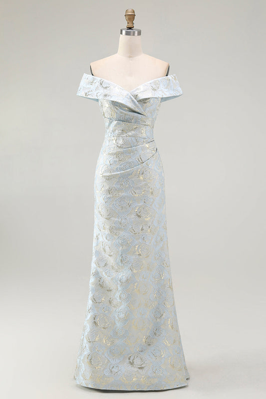 Off-The-Shoulder Blue Floral Jacquard Ruched Mermaid Prom Dress