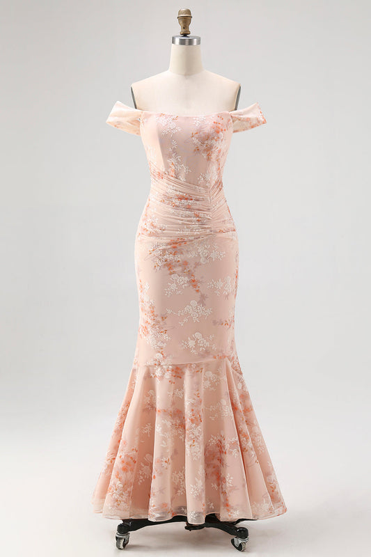 Robe de soirée sirène imprimée champagne, coupe bustier avec fronces, pour invitée de mariage