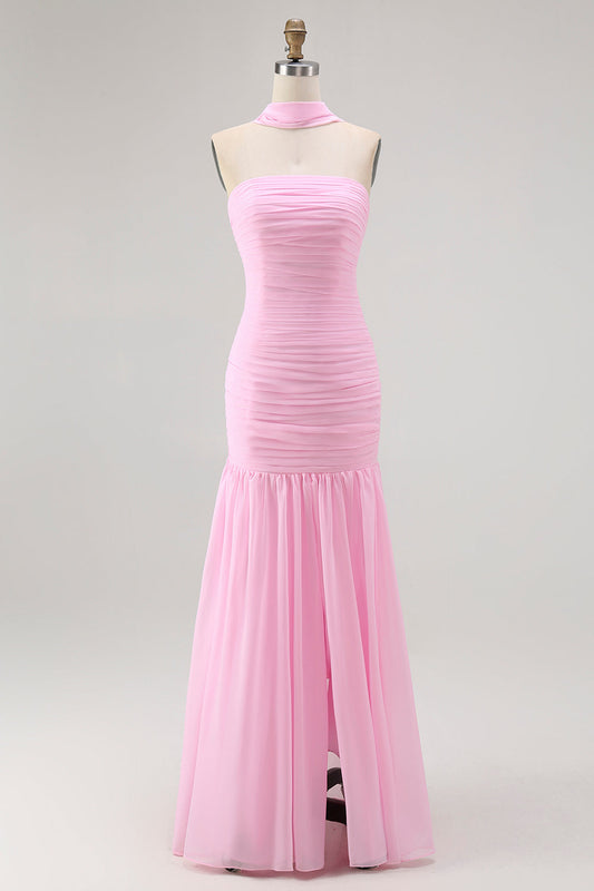 Robe de demoiselle d'honneur longue bandeau froncée Blush avec fente
