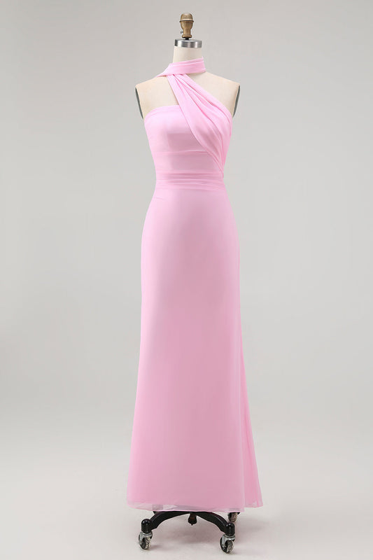 Robe longue de demoiselle d'honneur rose poudré avec streamer, fourreau, une épaule