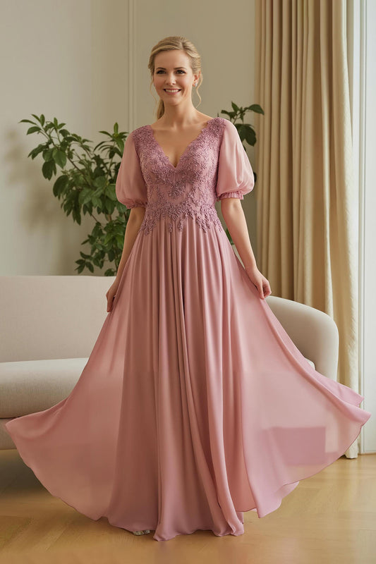 Robe Mère de la Mariée Trapèze en Mousseline Rose Poudré avec Appliqués et Manches Bouffantes