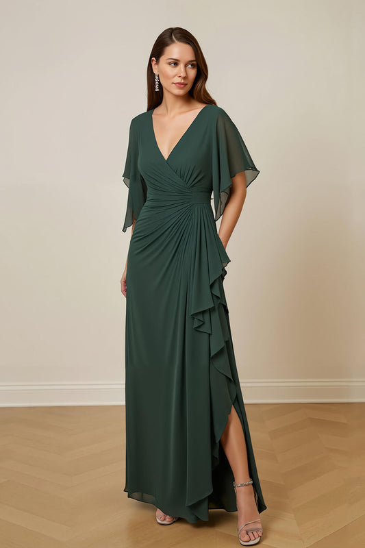 Robe vert foncé froncée pour la mère de la mariée avec manches flottantes