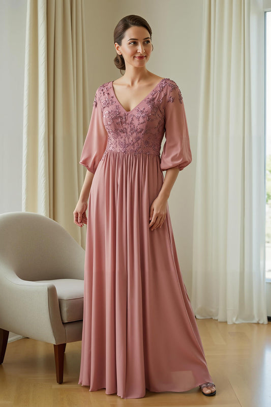 Robe de mère de la mariée en mousseline rose poudré avec appliques